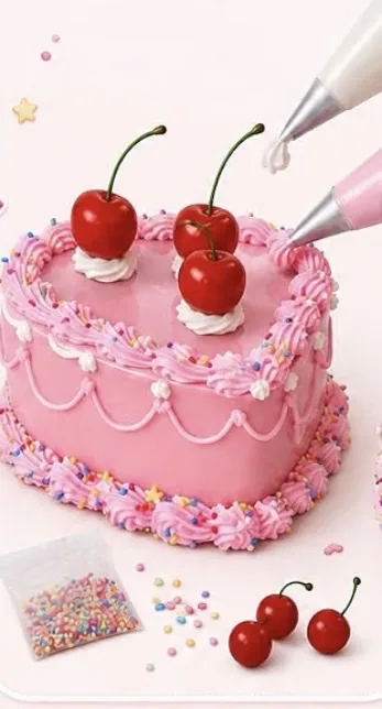 Pink heart shaped keepsake piped with frosting, sprinkles and cherries