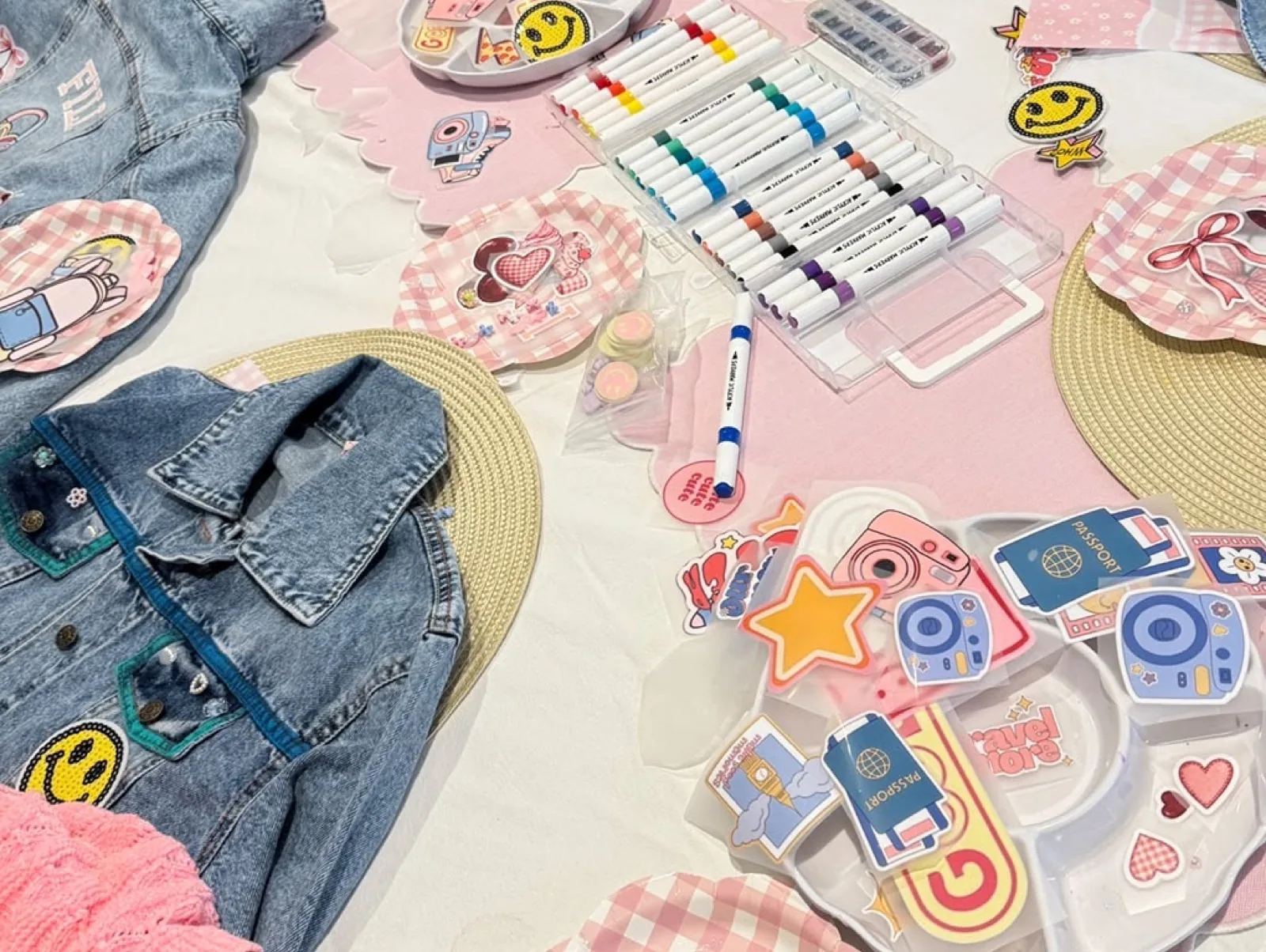 Workshop table with denim jackets, markers and trays of patches
